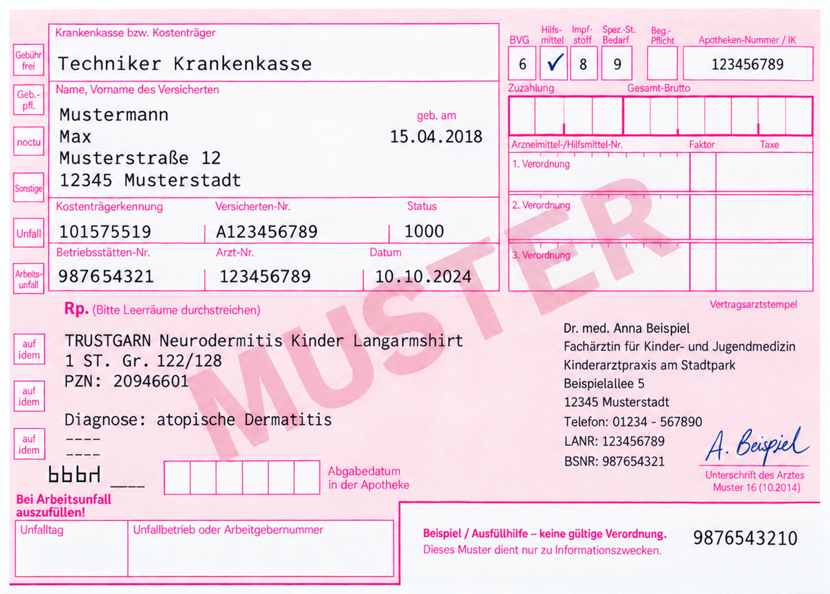 Musterrezept 16 für Ärzte für die Rezeptausstellung von TRUSTGARN Neurodermitis oder Psoriasis Kleidung